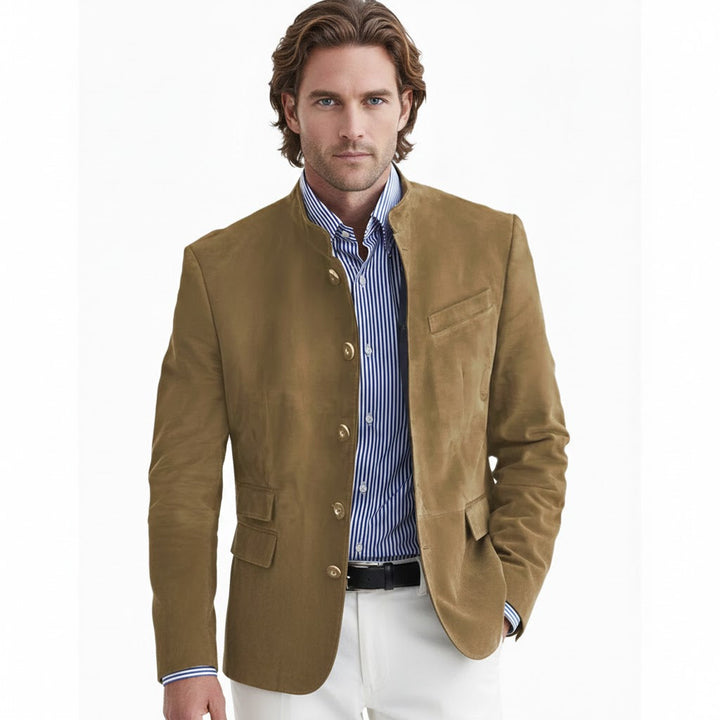 Suede Blazer Jacket for Men – Elegant Solid Color Jacket with Buttons